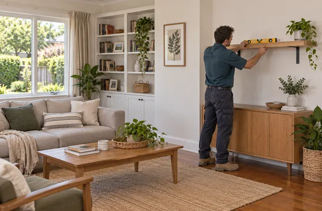 A spirit level checking a shelf mounted on wall brackets